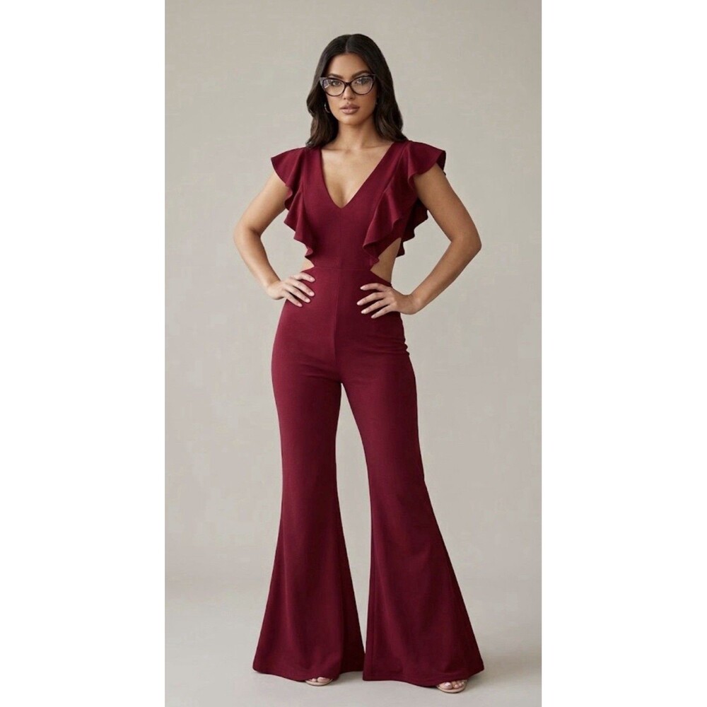 Flying Tomato Women’s M Red  Flare‑Leg Cutout Jumpsuit Faux Suede Sz M